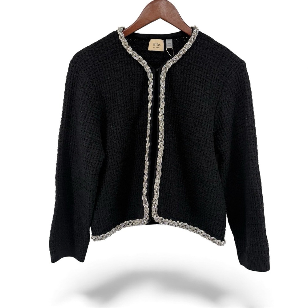 Elie Tahari Koka Cardigan Sweater Size XL Black‎ Braided Crystal Trim Wool Blend
